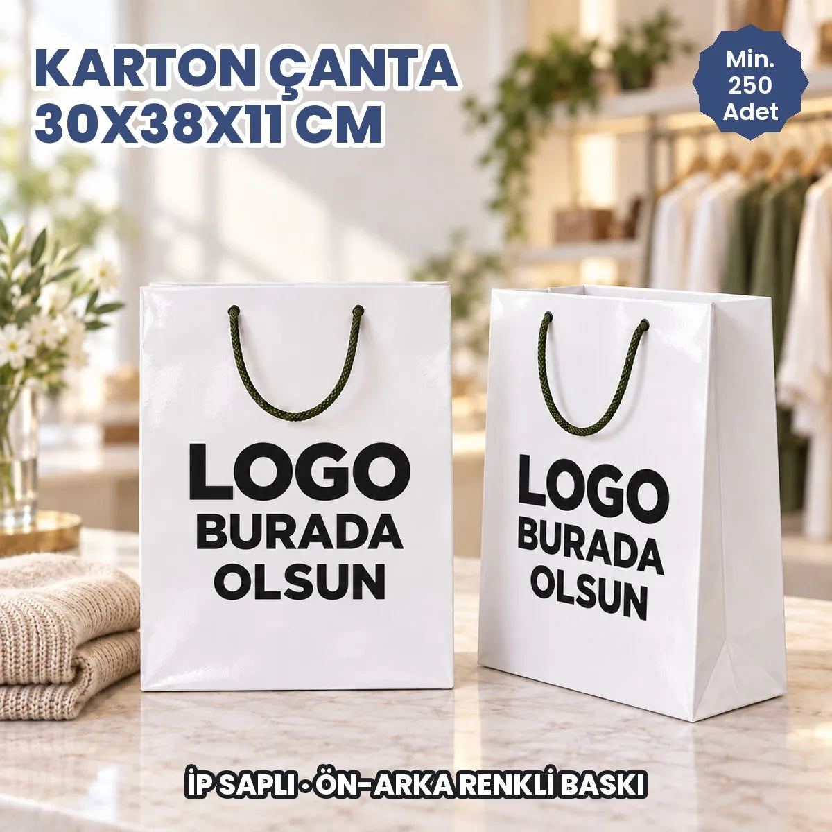 Karton çanta 30x38x11 cm: logonuzun basılacağı ön ve arka yüzü gösteren ip saplı kâğıt çanta