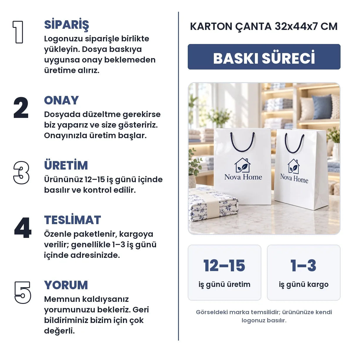 Karton çanta 32x44x7 cm baskı süreci: sipariş, onay, üretim 12–15 iş günü, teslimat 1–3 iş günü