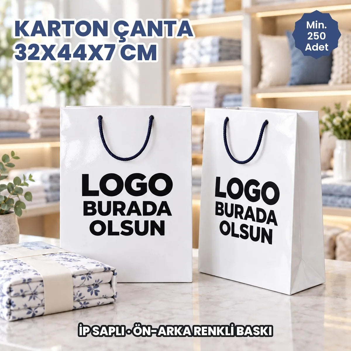Karton çanta 32x44x7 cm: logonuzun basılacağı ön ve arka yüzü gösteren ip saplı kâğıt çanta