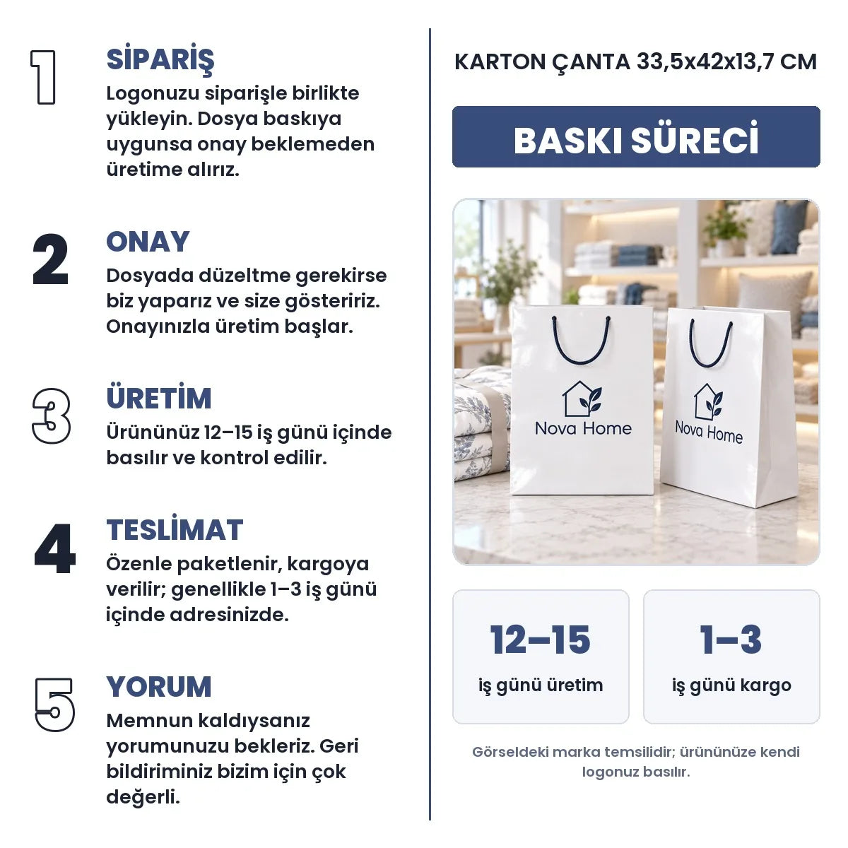 Karton çanta 33,5x42x13,7 cm baskı süreci: sipariş, onay, üretim 12–15 iş günü, teslimat 1–3 iş günü