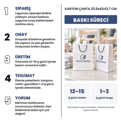 Karton çanta 33,5x42x13,7 cm baskı süreci: sipariş, onay, üretim 12–15 iş günü, teslimat 1–3 iş günü