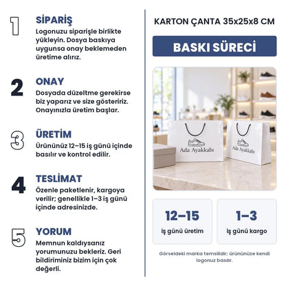 Karton çanta 35x25x8 cm baskı süreci: sipariş, onay, üretim 12–15 iş günü, teslimat 1–3 iş günü