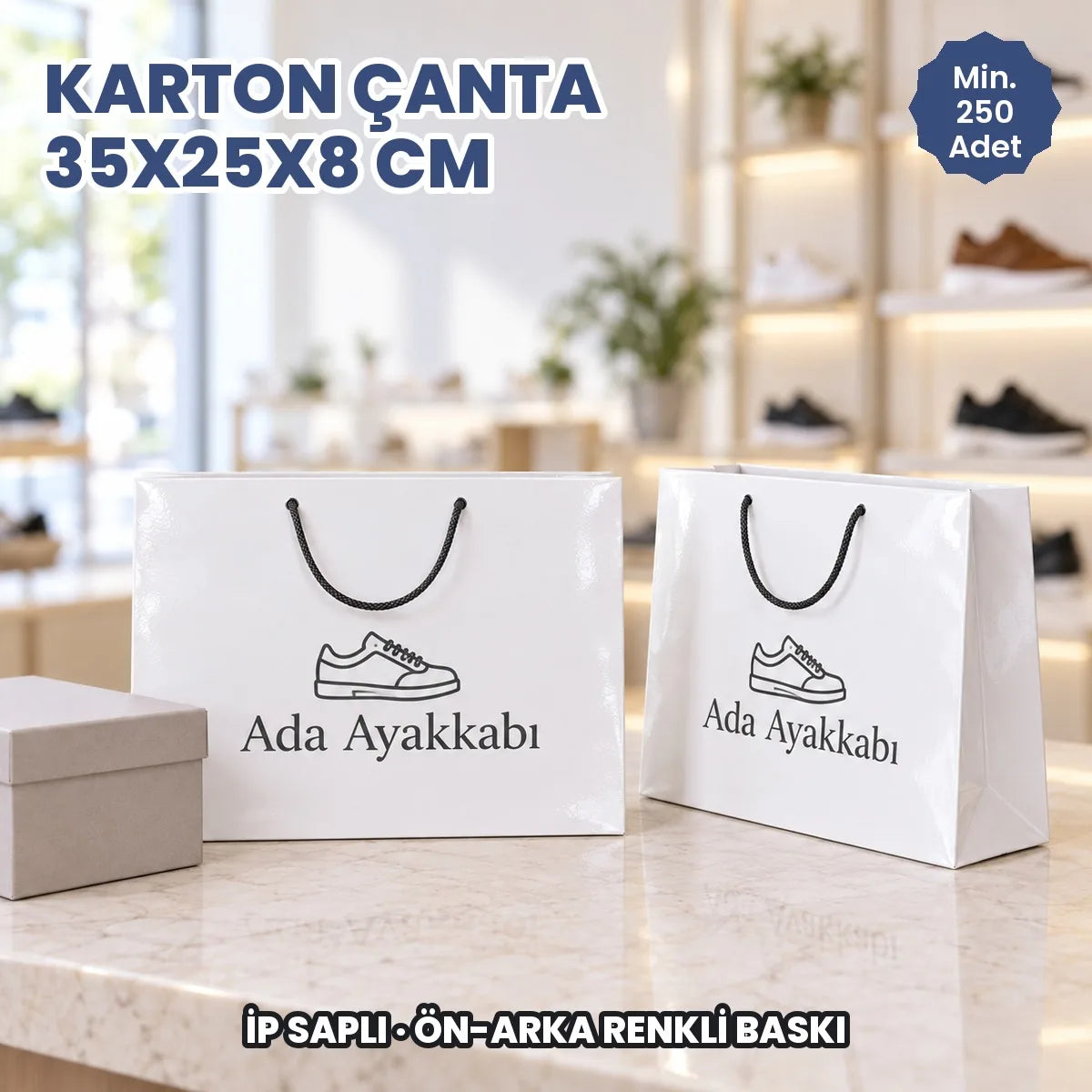 Karton çanta 35x25x8 cm örneği: ön ve arka yüzü baskılı, ip saplı parlak selofanlı kâğıt çanta