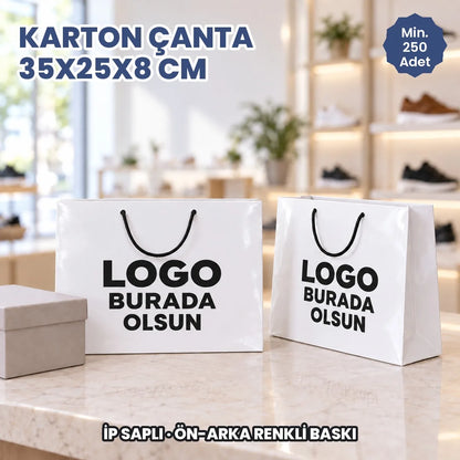 Karton çanta 35x25x8 cm: logonuzun basılacağı ön ve arka yüzü gösteren ip saplı kâğıt çanta