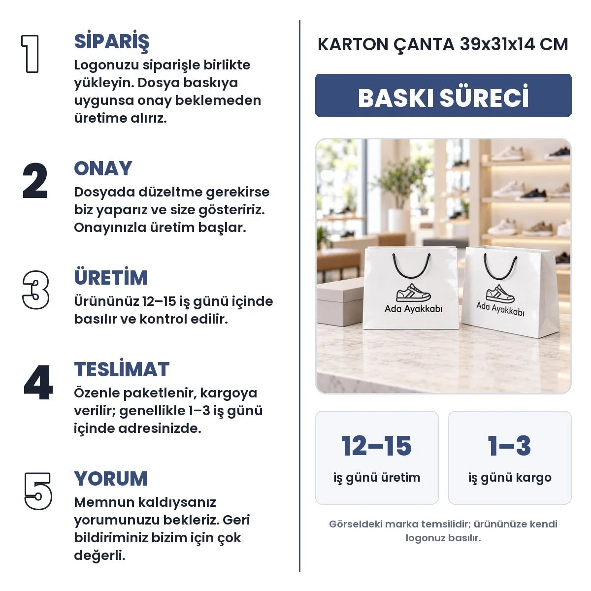 Karton çanta 39x31x14 cm baskı süreci: sipariş, onay, üretim 12–15 iş günü, teslimat 1–3 iş günü