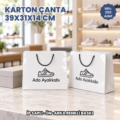 Karton çanta 39x31x14 cm örneği: ön ve arka yüzü baskılı, ip saplı parlak selofanlı kâğıt çanta