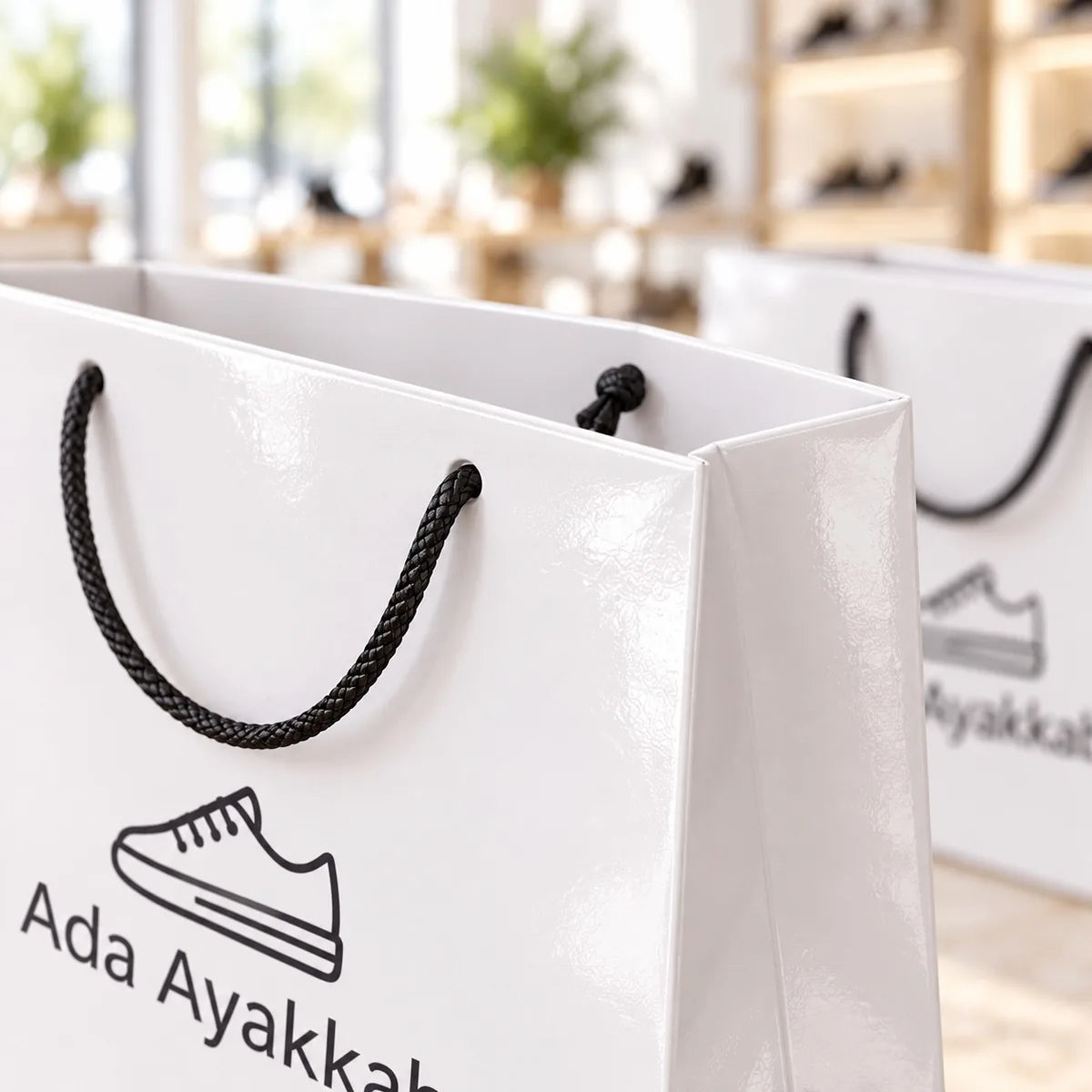 Karton çanta yakın plan: parlak selofan, 4 mm naylon ip sap ve delik ayrıntısı