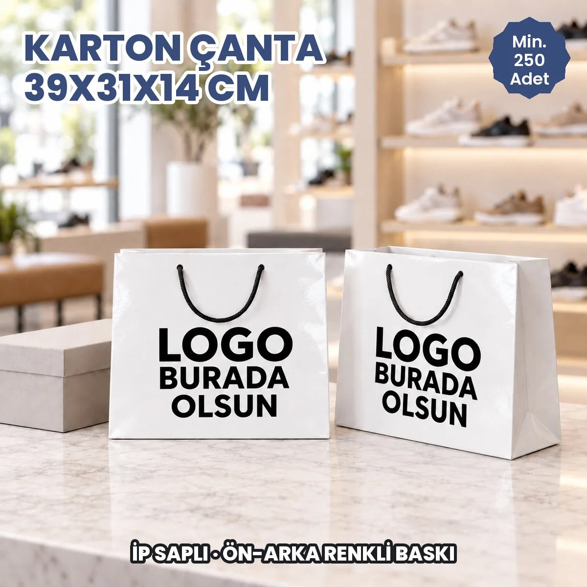 Karton çanta 39x31x14 cm: logonuzun basılacağı ön ve arka yüzü gösteren ip saplı kâğıt çanta