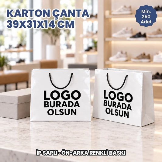 Karton çanta 39x31x14 cm: logonuzun basılacağı ön ve arka yüzü gösteren ip saplı kâğıt çanta