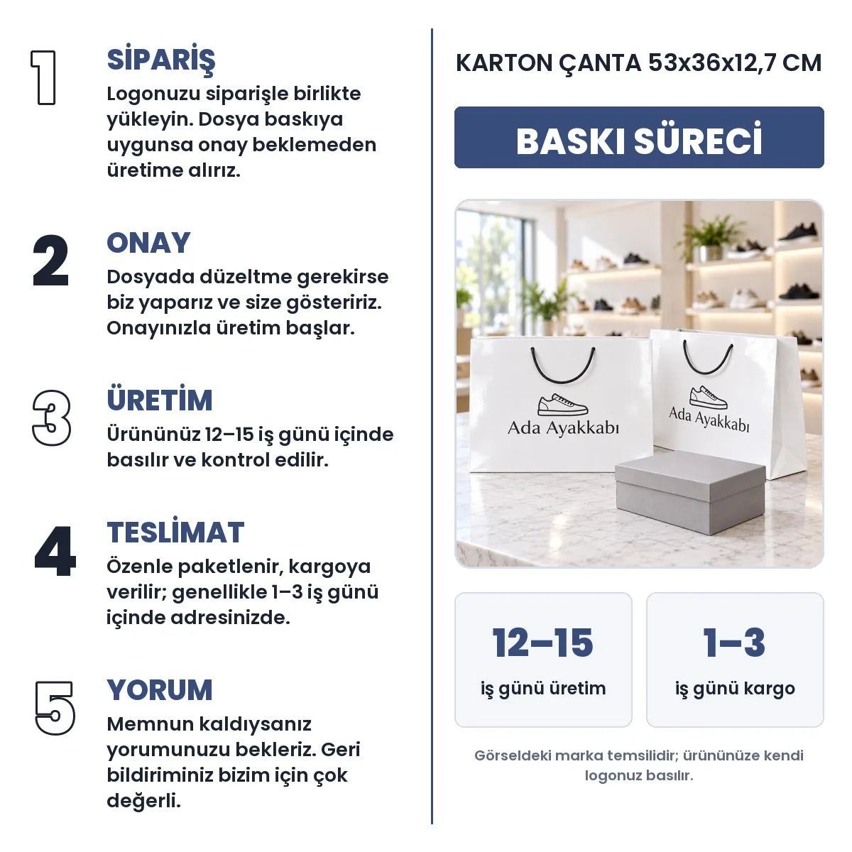 Karton çanta 53x36x12,7 cm baskı süreci: sipariş, onay, üretim 12–15 iş günü, teslimat 1–3 iş günü