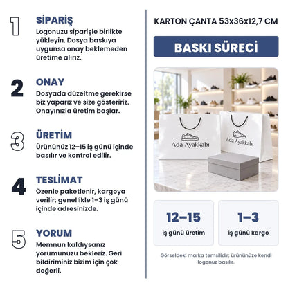 Karton çanta 53x36x12,7 cm baskı süreci: sipariş, onay, üretim 12–15 iş günü, teslimat 1–3 iş günü