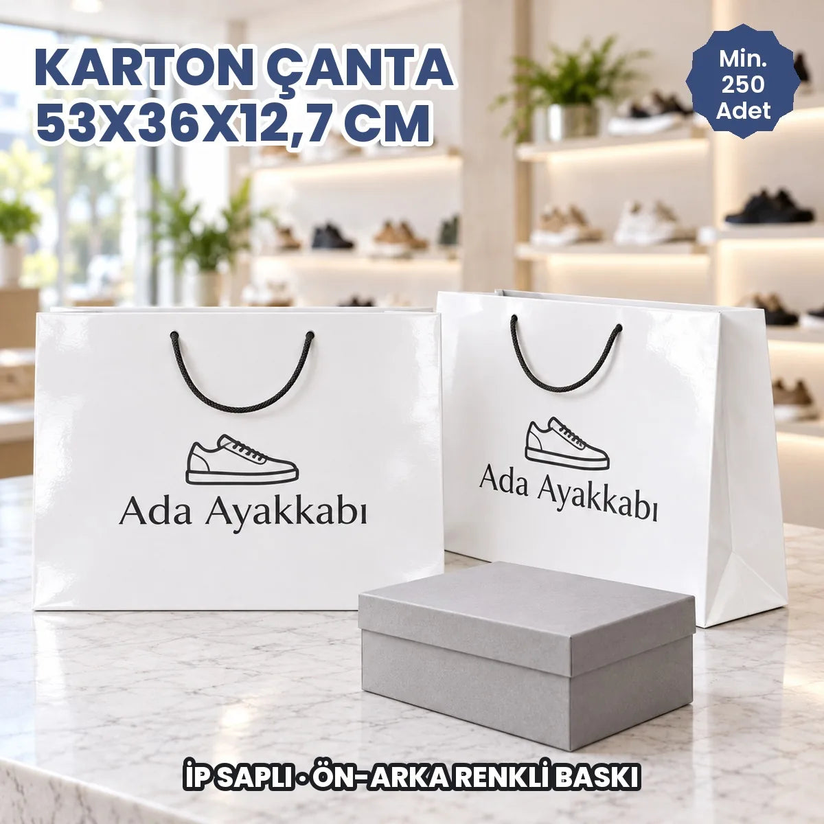 Karton çanta 53x36x12,7 cm örneği: ön ve arka yüzü baskılı, ip saplı parlak selofanlı kâğıt çanta