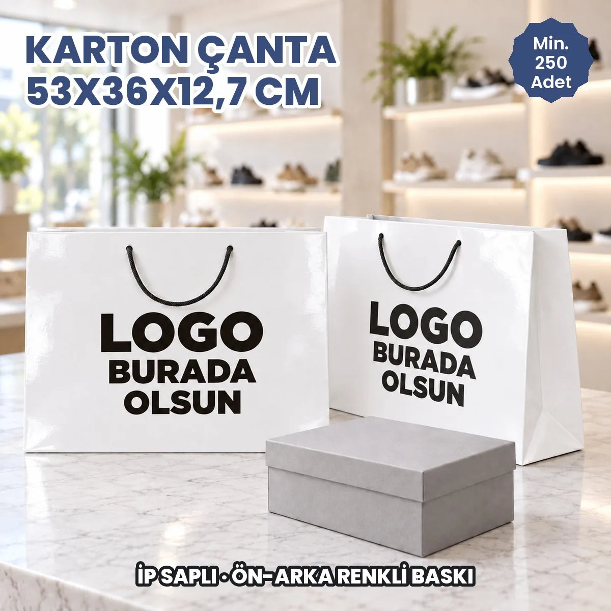 Karton çanta 53x36x12,7 cm: logonuzun basılacağı ön ve arka yüzü gösteren ip saplı kâğıt çanta