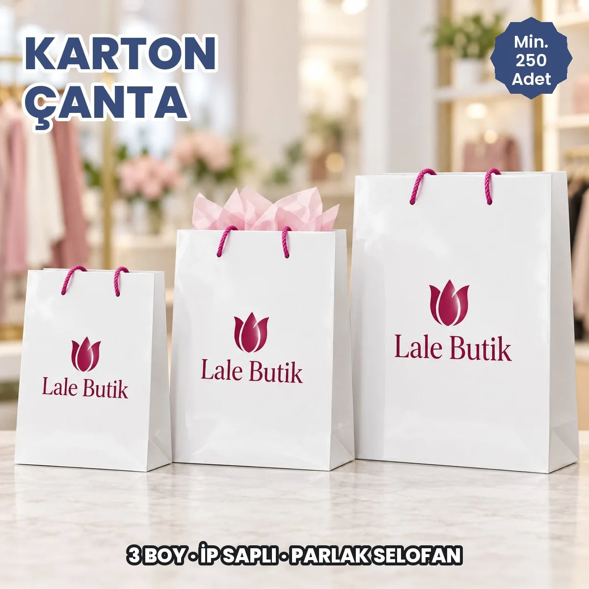 Karton çanta: logo baskılı ip saplı parlak selofanlı karton çanta, küçük, orta ve büyük boy