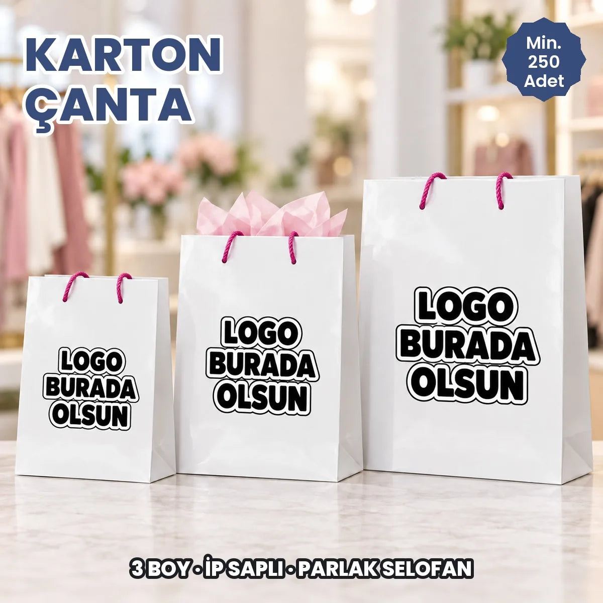 Karton çanta: logonuzun basılacağı alanları gösteren örnek görsel, logo burada olsun