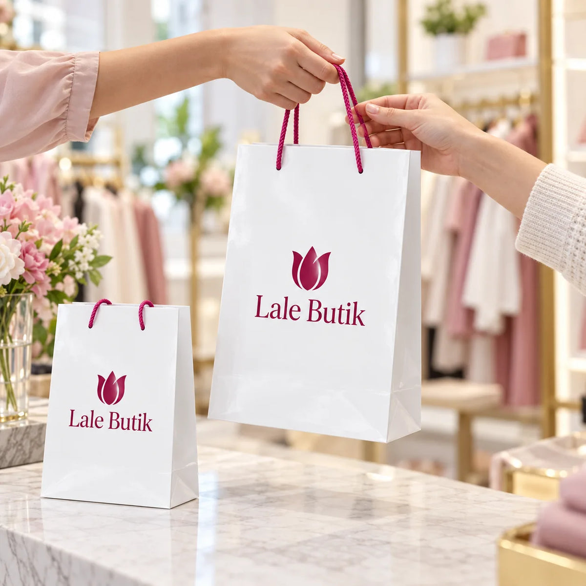 Karton çanta kullanımı: butikte müşteriye verilen logo baskılı ip saplı karton çanta
