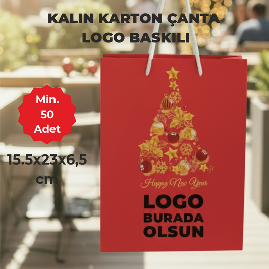 Yılbaşı Kırmızı Karton Çanta – 19 Farklı  Tasarım - Özelleştirilebilir - 15.5x23x6.5 cm
