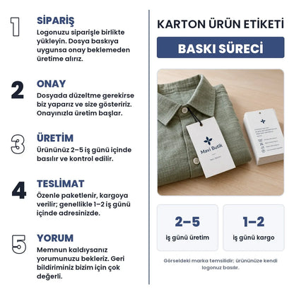 Karton Ürün Eti̇keti̇ baskı süreci: sipariş, onay, üretim 2–5 iş günü, teslimat 1–2 iş günü