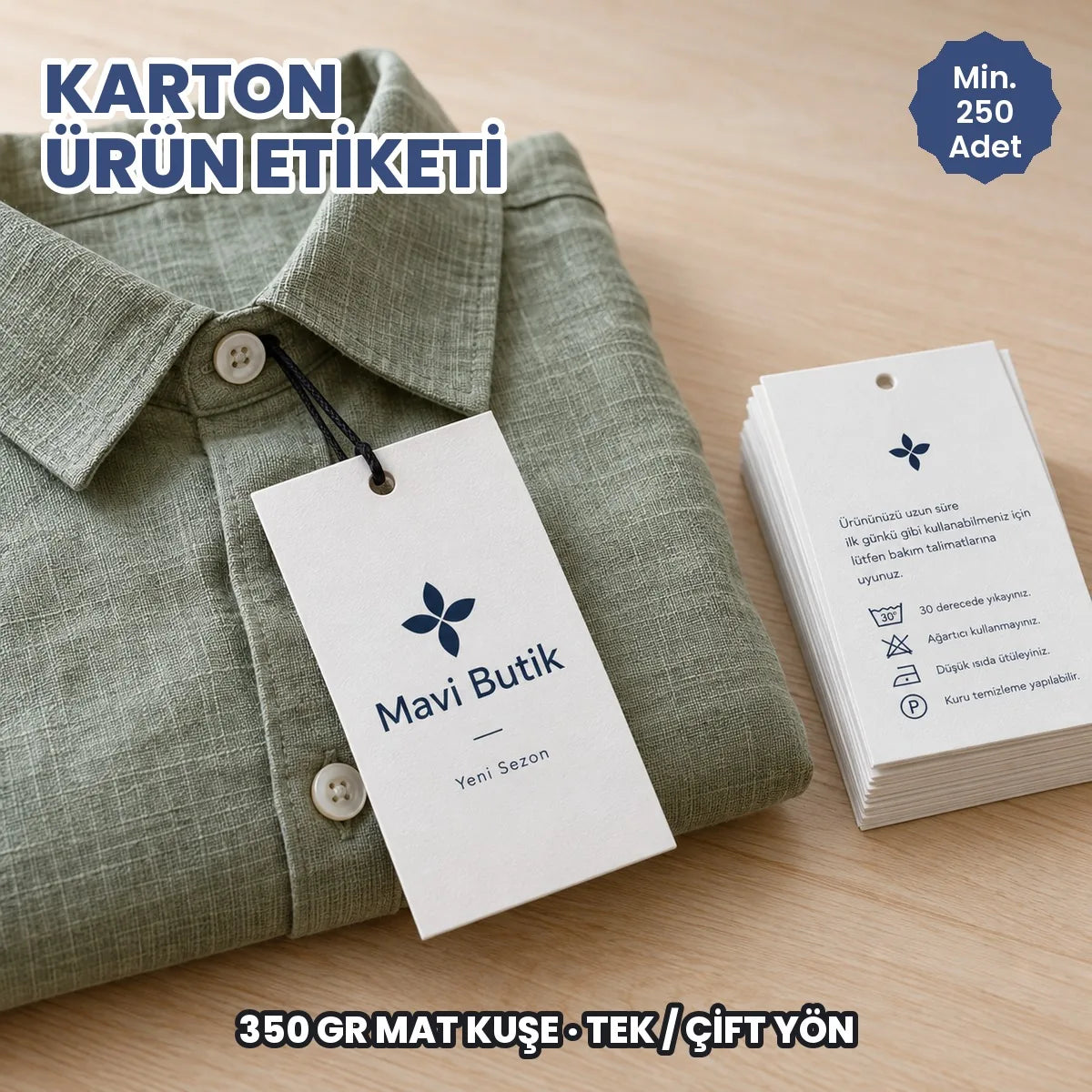 Karton ürün etiketi baskı: keten gömleğe bağlı 350 gr mat kuşe askı etiketi ve çift yön baskılı etiket destesi