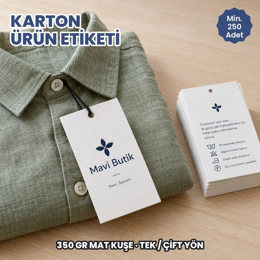 Karton ürün etiketi baskı: keten gömleğe bağlı 350 gr mat kuşe askı etiketi ve çift yön baskılı etiket destesi
