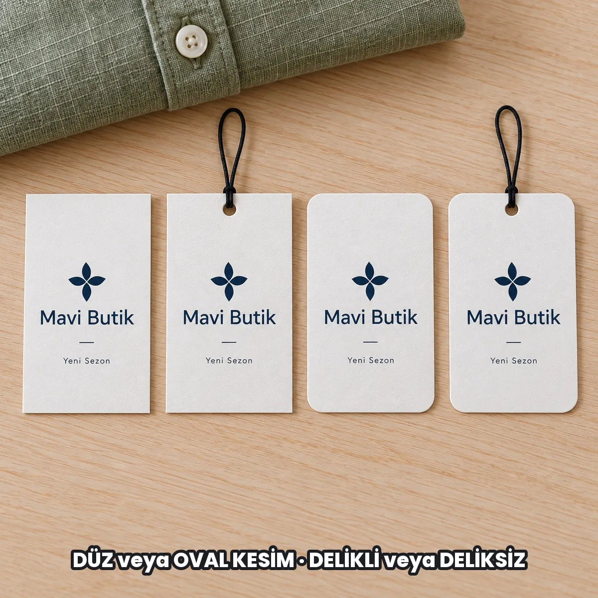 Karton ürün etiketi seçenekleri: DÜZ veya OVAL KESİM, DELİKLİ veya DELİKSİZ