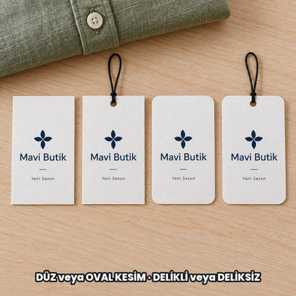 Karton ürün etiketi seçenekleri: DÜZ veya OVAL KESİM, DELİKLİ veya DELİKSİZ