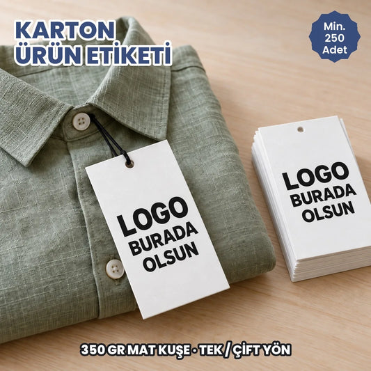 Karton ürün etiketi: logonuzun basılacağı 350 gr mat kuşe askı etiketleri ürünlere bağlı