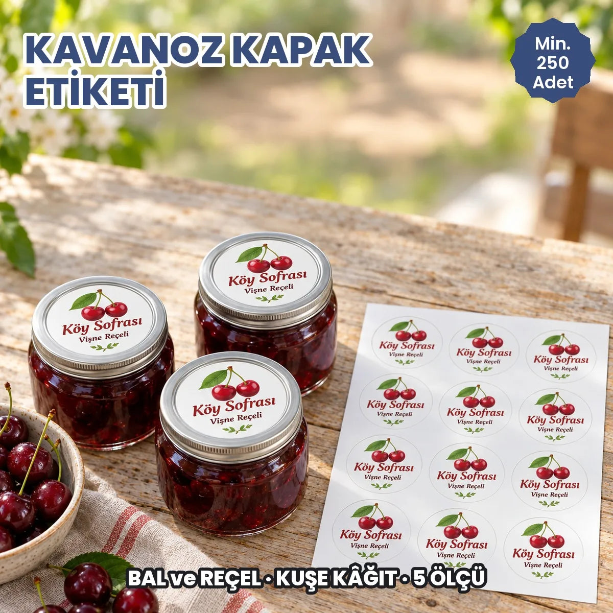 Kavanoz kapak etiketi örneği: vişne reçeli kavanozlarının metal kapağında yuvarlak kuşe etiket