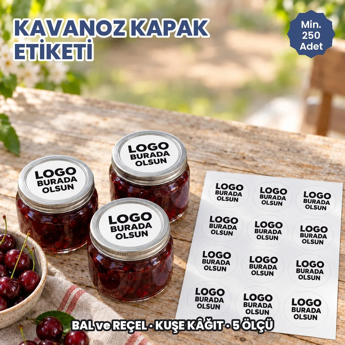 Kavanoz kapak etiketi: logonuzun basılacağı yuvarlak kuşe etiketler reçel kavanozlarının kapağında ve tabakada