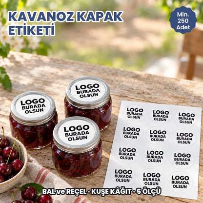 Kavanoz kapak etiketi: logonuzun basılacağı yuvarlak kuşe etiketler reçel kavanozlarının kapağında ve tabakada