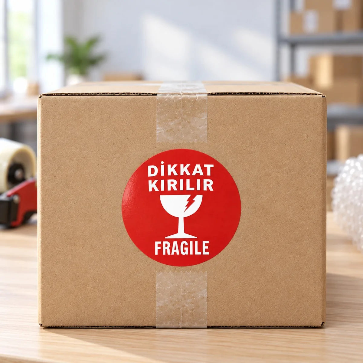Kırılır etiketi yakın plan: kolide net beyaz baskılı kırmızı Dikkat Kırılır etiketi