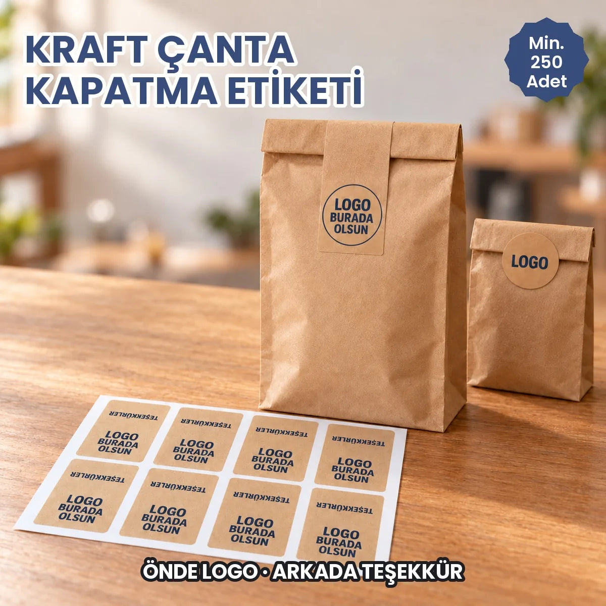 Kraft çanta kapatma etiketi: kraft çanta ve kesenin ağzında katlanmış logo baskılı etiketler ve etiket tabakası