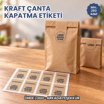 Kraft çanta kapatma etiketi: kraft çanta ve kesenin ağzında katlanmış logo baskılı etiketler ve etiket tabakası