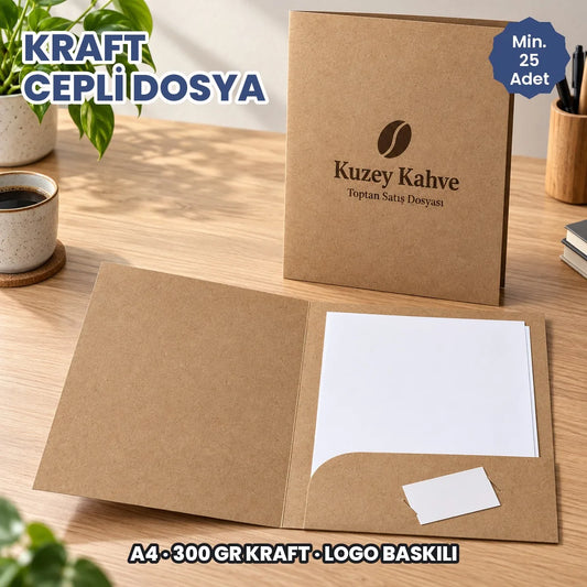 Kraft cepli dosya A4: logo baskılı 300 gr kraft sunum dosyası, iç cebinde evraklarla açık hali