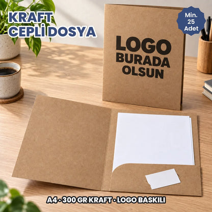 Kraft cepli dosya baskı: kapağına logonuzun basılacağı A4 kraft cepli dosya