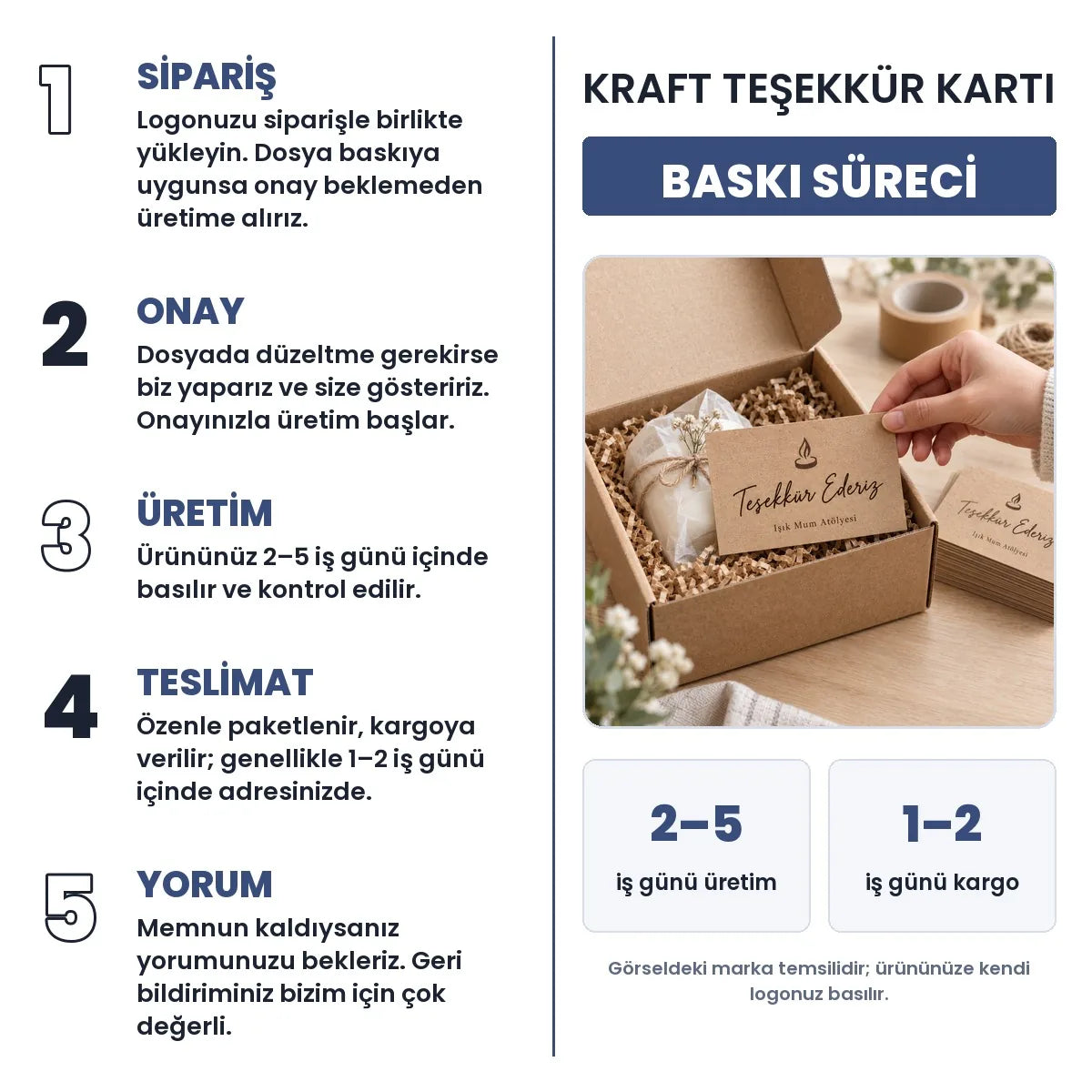 Kraft Teşekkür Karti baskı süreci: sipariş, onay, üretim 2–5 iş günü, teslimat 1–2 iş günü