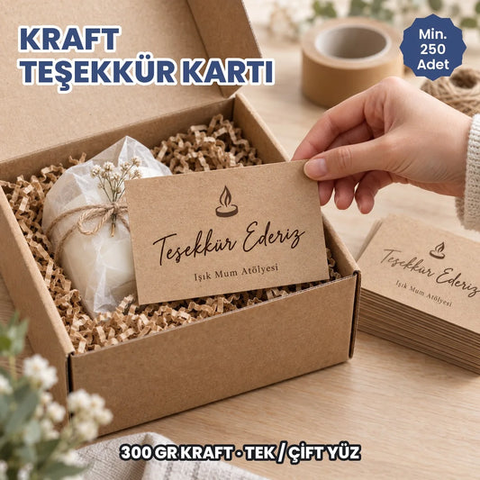 Kraft kargo teşekkür kartı: kargo kutusuna konan 300 gr kraft teşekkür kartı ve baskılı kart destesi