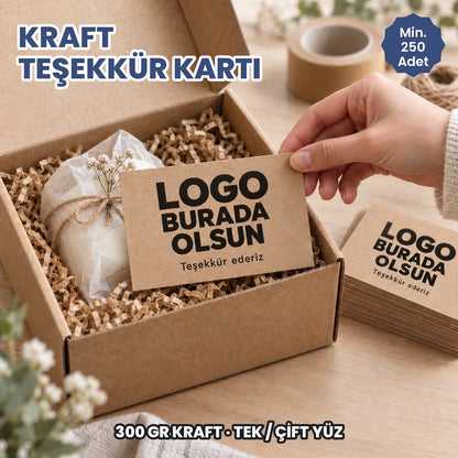 Kraft teşekkür kartı: logonuzun basılacağı 300 gr kraft kart kargo paketinde