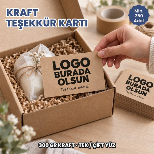 Kraft teşekkür kartı: logonuzun basılacağı 300 gr kraft kart kargo paketinde