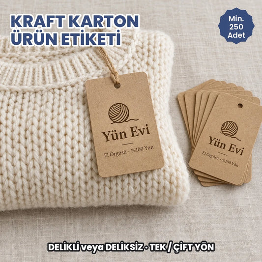 Kraft karton ürün etiketi: örgü kazağa jüt iple bağlı delikli kraft askı etiketi ve baskılı etiket destesi