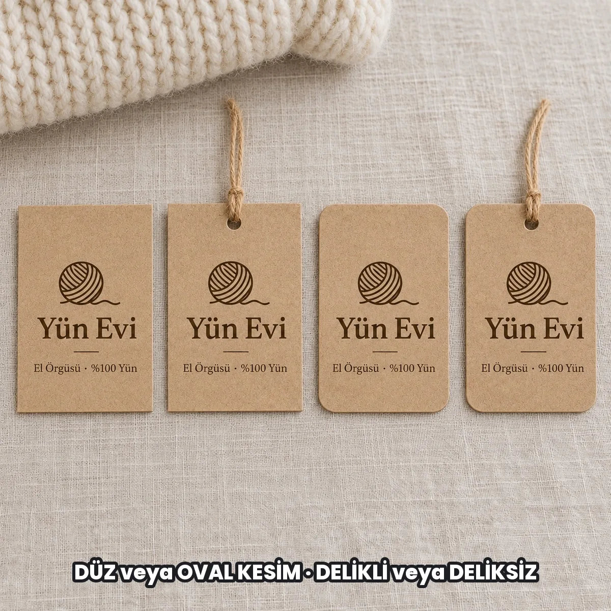 Kraft karton ürün etiketi seçenekleri: DÜZ veya OVAL KESİM, DELİKLİ veya DELİKSİZ