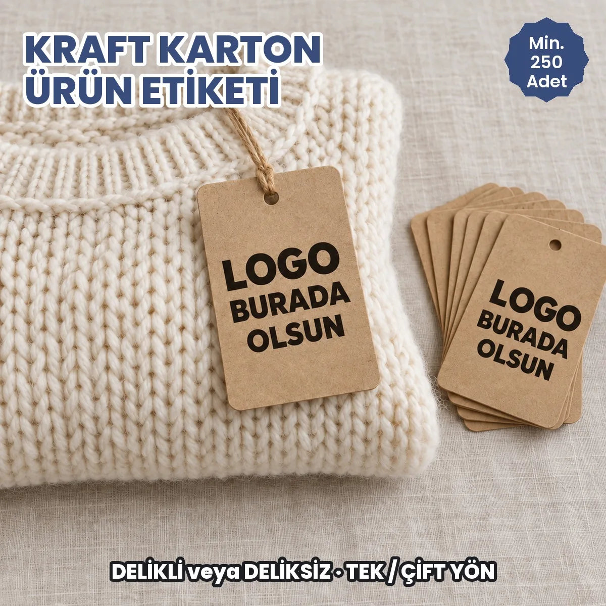 Kraft karton ürün etiketi: logonuzun basılacağı delikli kraft askı etiketleri ürünlere bağlı