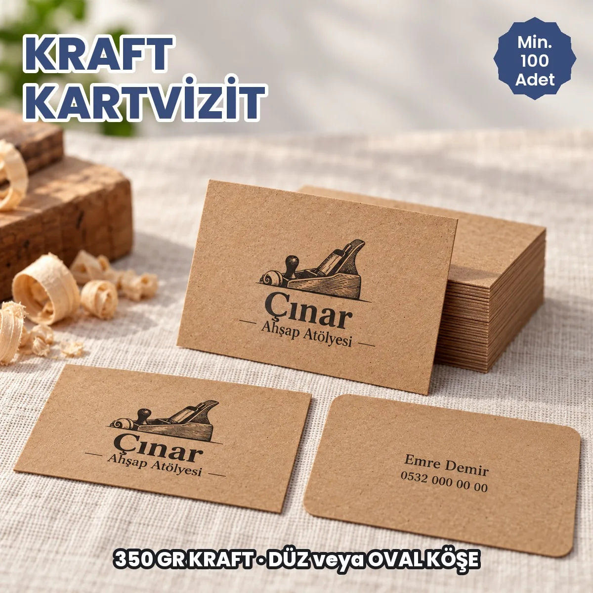 Kraft kartvizit baskı: 350 gr kraft kâğıda koyu baskılı kartvizitler, düz ve oval köşeli, deste halinde