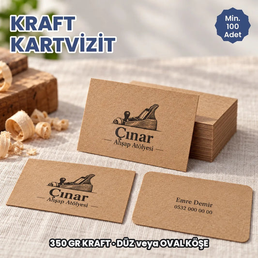 Kraft kartvizit baskı: 350 gr kraft kâğıda koyu baskılı kartvizitler, düz ve oval köşeli, deste halinde