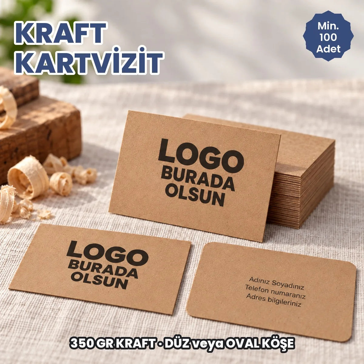 Kraft kartvizit baskı: logonuzun basılacağı 350 gr kraft kartvizitler, düz ve oval köşe