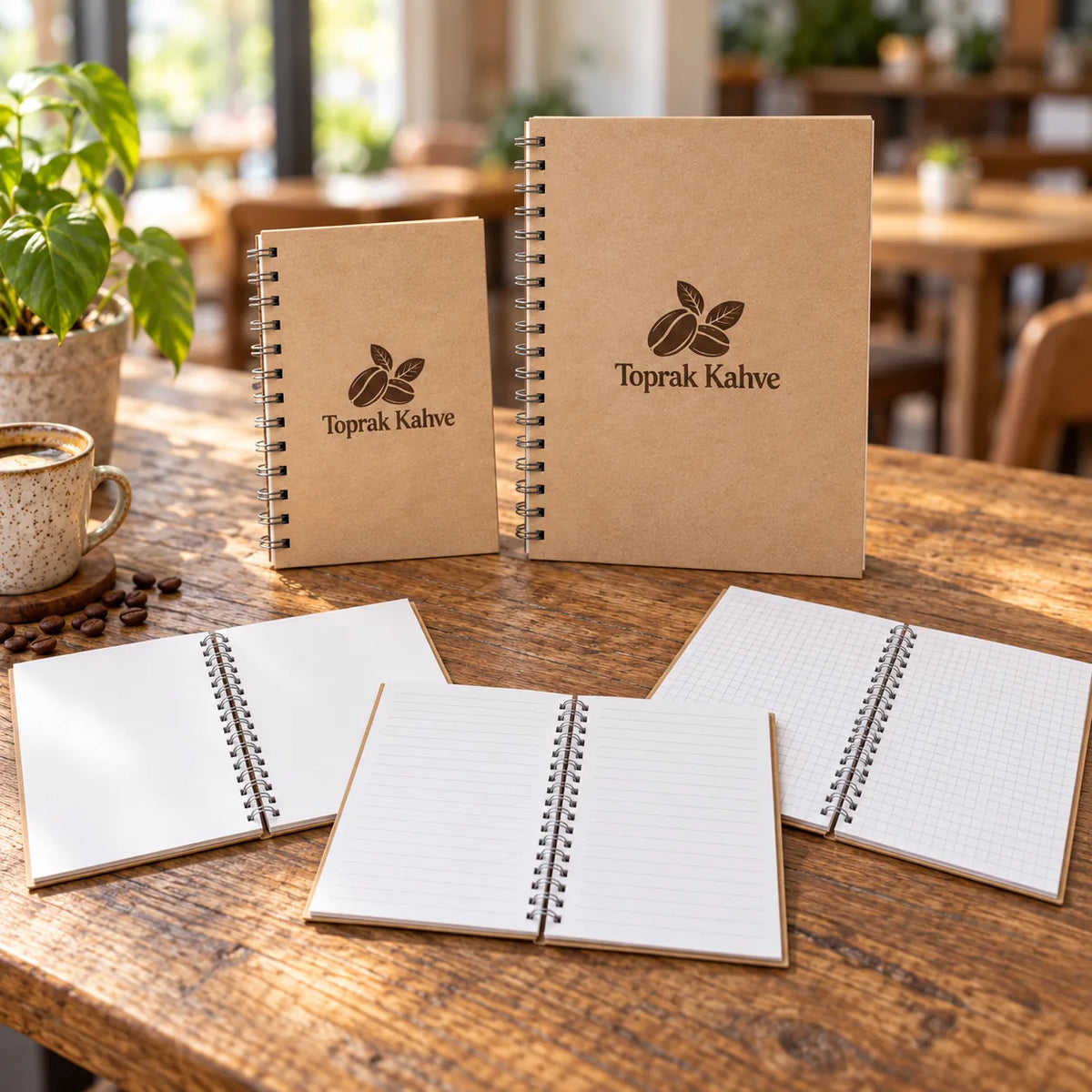 Kraft spiralli defter seçenekleri: 14x20 ve 20x28 cm ebat, düz, çizgili ve kareli iç sayfa