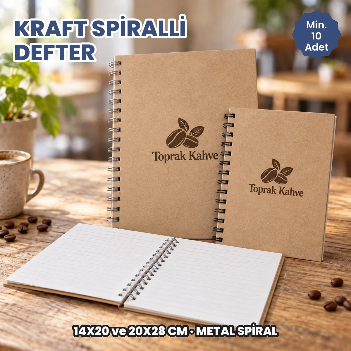 Kraft spiralli defter: logo baskılı kraft kapaklı metal spiralli defter, 14x20 ve 20x28 cm
