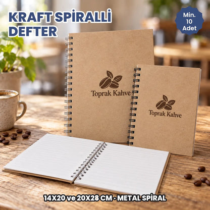 Kraft spiralli defter: logo baskılı kraft kapaklı metal spiralli defter, 14x20 ve 20x28 cm