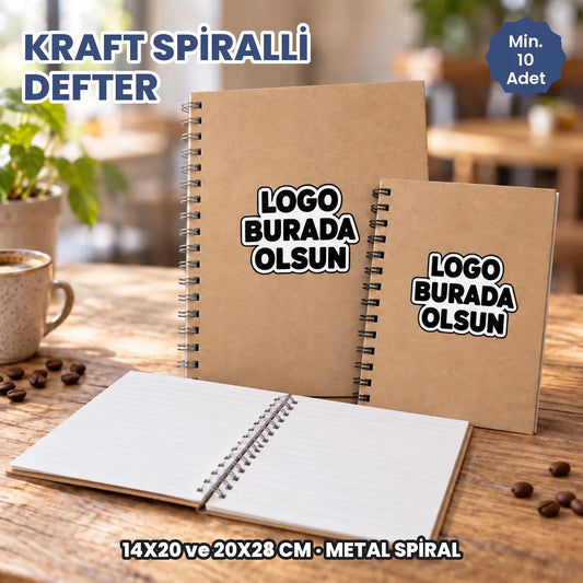 Kraft spiralli defter: logonuzun basılacağı alanları gösteren örnek görsel, logo burada olsun