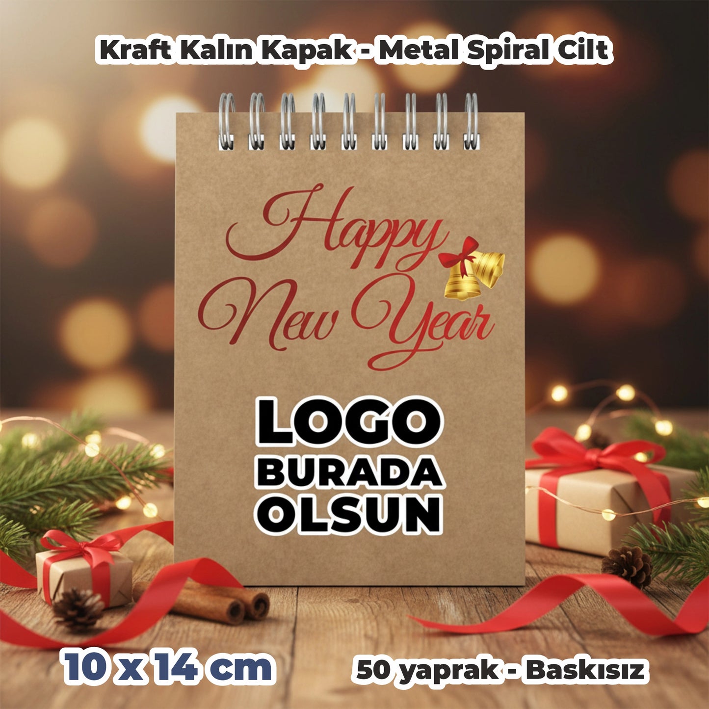 Yılbaşı Hediye Seti – Logo Baskılı Karton Çanta, Tebrik Kartı, Roller Kalem ve Spiralli Defter